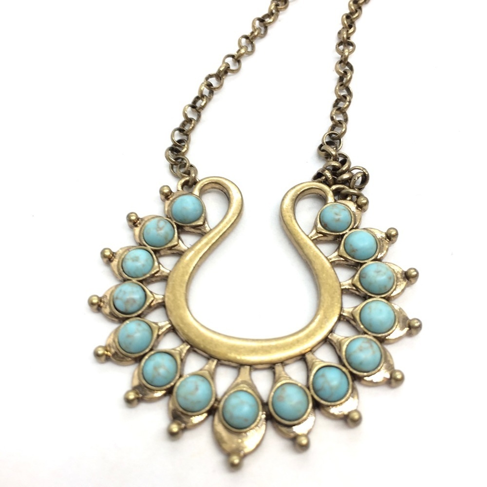 !!soLD!! PREMIERE DESIGNS LOTUS NECKLACE TURQUOISE BRASS GOLD TONE - Picture 5 of 13